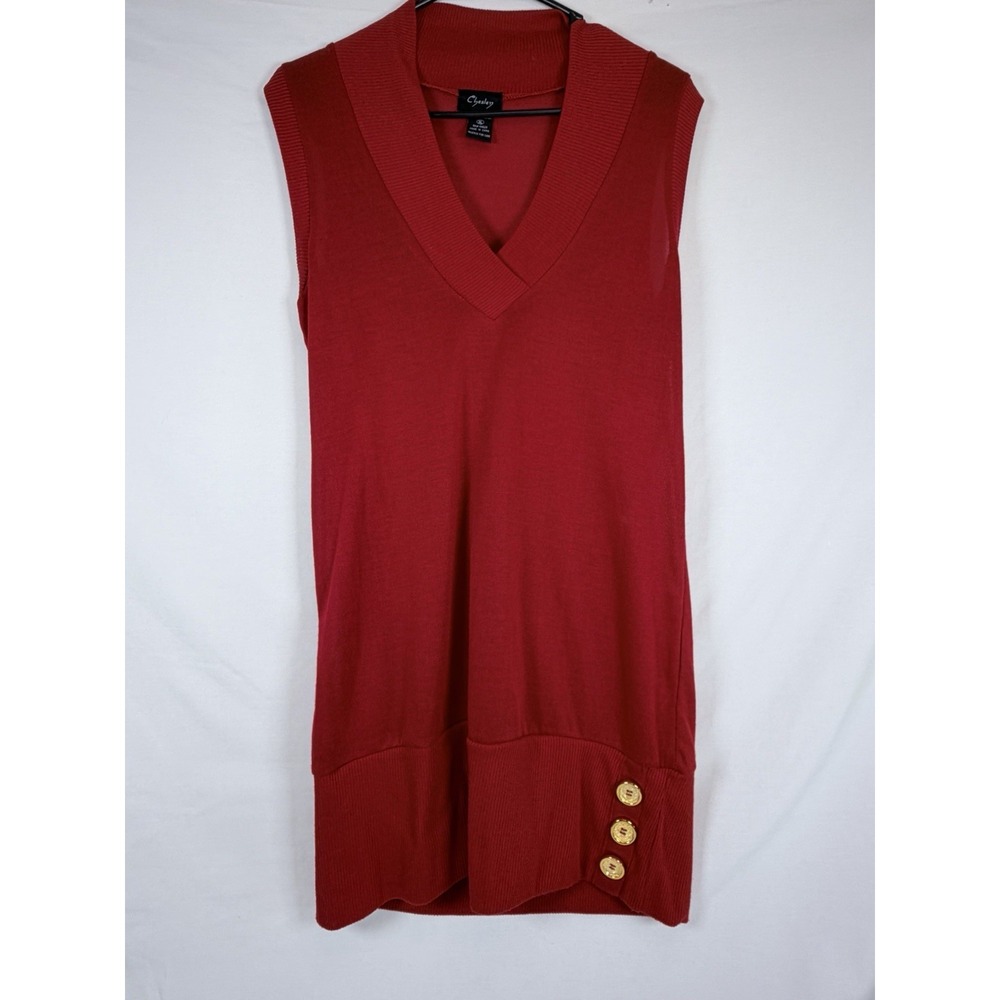 Chesley XL Red Sleeveless Sweater Tunic Gold Buttons V Neck Y2K Longline